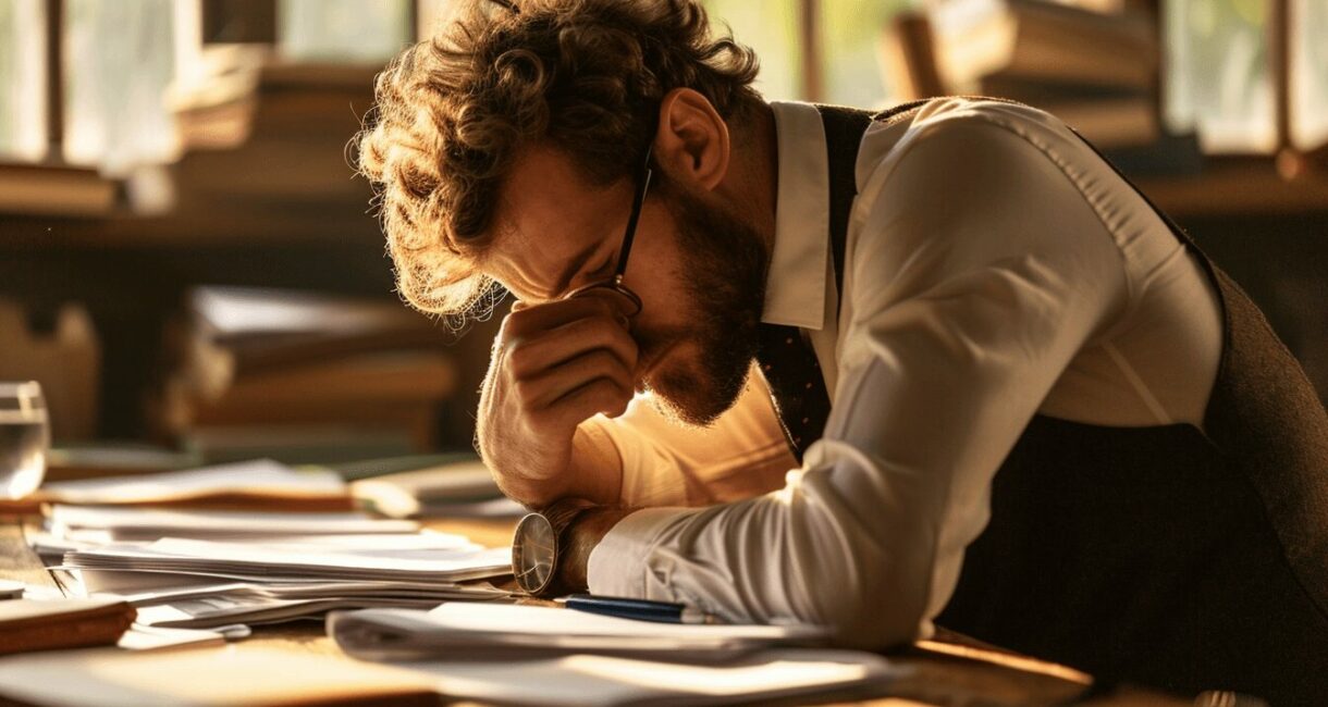 teacher burnout - a teacher hunched over his desk