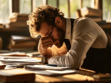 teacher burnout - a teacher hunched over his desk