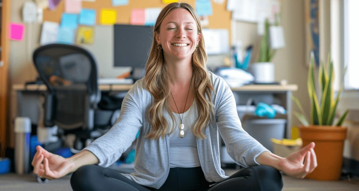 9 Unbelievably Simple Exercise Hacks for Teachers You Need to Know - Teacher wearing professional wardrobe doing a desk yoga