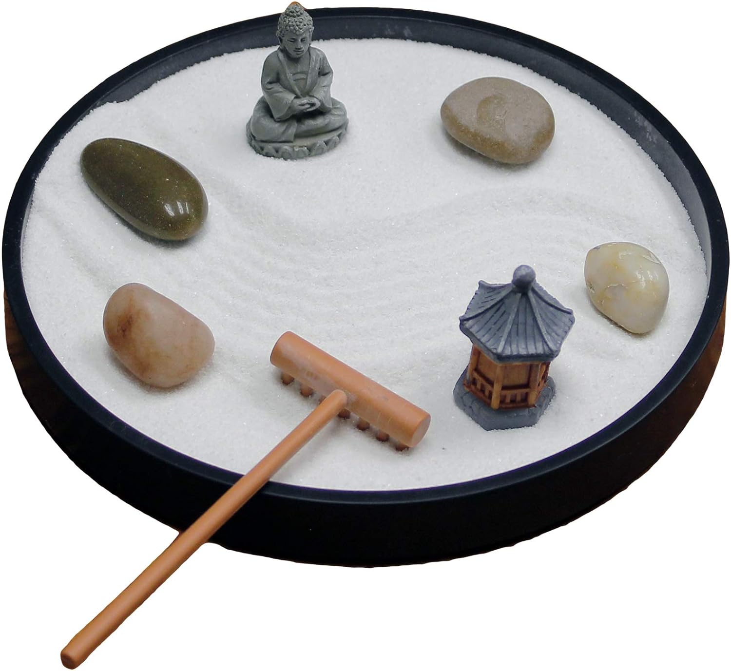 Natures Mark Mini Zen Garden Kit for Desk with Rake, White Sand, Black Round Base, Miniature Pagoda Figure, River Rocks and Miniature Buddha Figure (6Lx6W Round B)