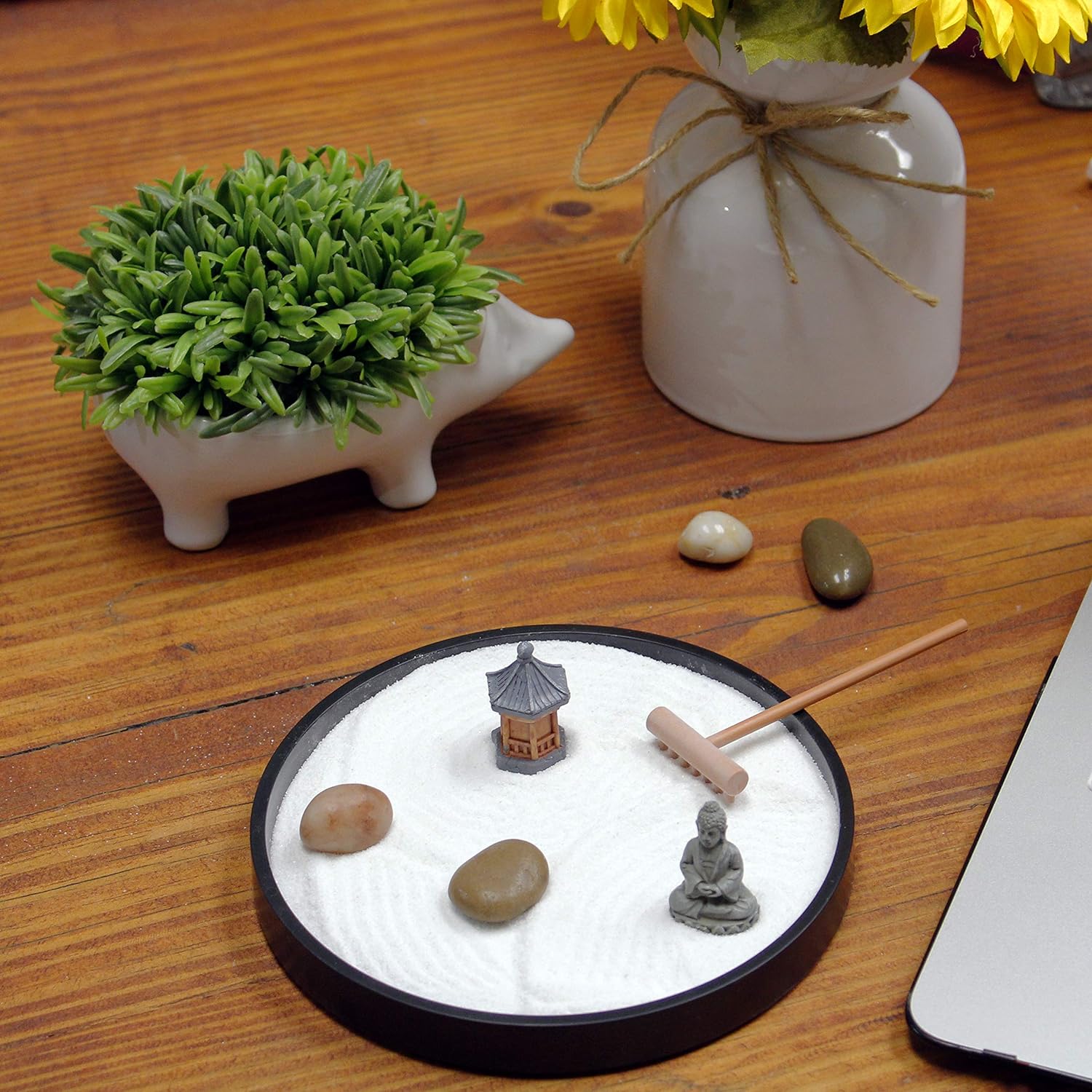 Natures Mark Mini Zen Garden Kit for Desk with Rake, White Sand, Black Round Base, Miniature Pagoda Figure, River Rocks and Miniature Buddha Figure (6Lx6W Round B)