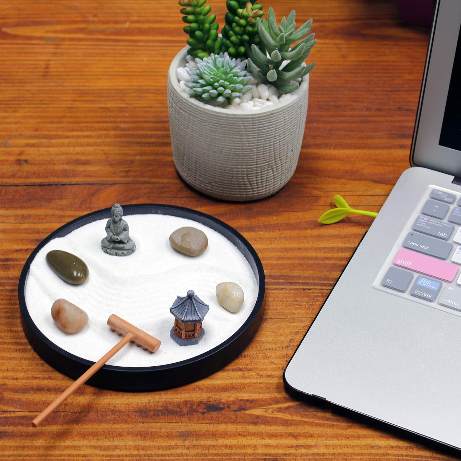 Natures Mark Mini Zen Garden Kit for Desk with Rake, White Sand, Black Round Base, Miniature Pagoda Figure, River Rocks and Miniature Buddha Figure (6Lx6W Round B)