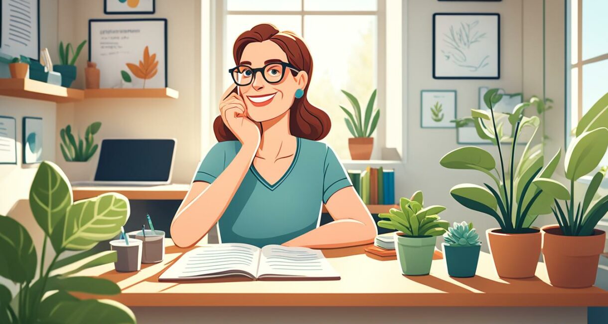 teacher practicing self-care tips, sitting at a desk