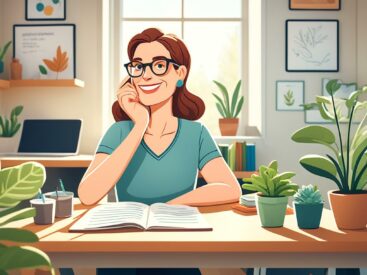 teacher practicing self-care tips, sitting at a desk