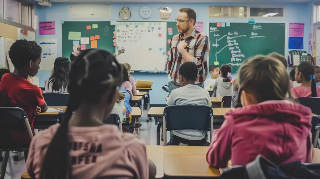 An overworked teacher in a crowded classroom