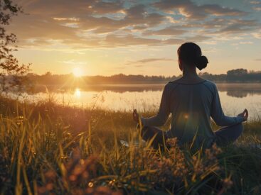 woman meditating outside at sunset
