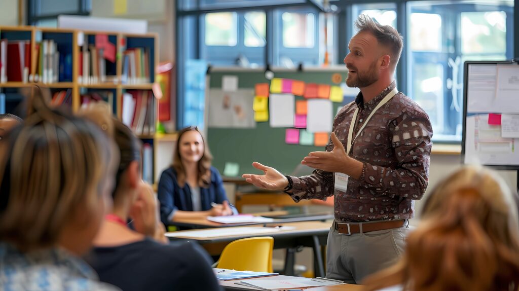 School principal talking to teachers in a staff meeting