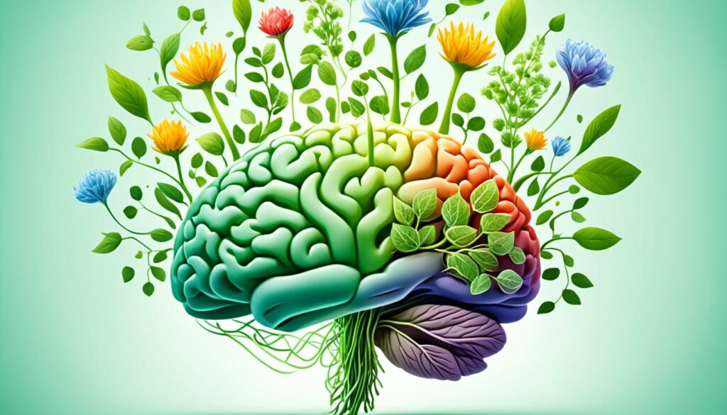 A glowing brain surrounded by sprouting plants and flowers, symbolizing growth and nourishment of emotional intelligence in the context of professional development.