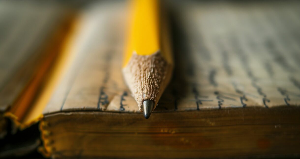 self-improvement, pencil resting on an open notebook