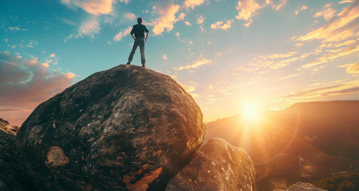 overcoming obstacles, person standing on top of a large rock