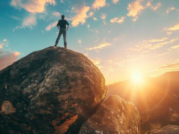 overcoming obstacles, person standing on top of a large rock