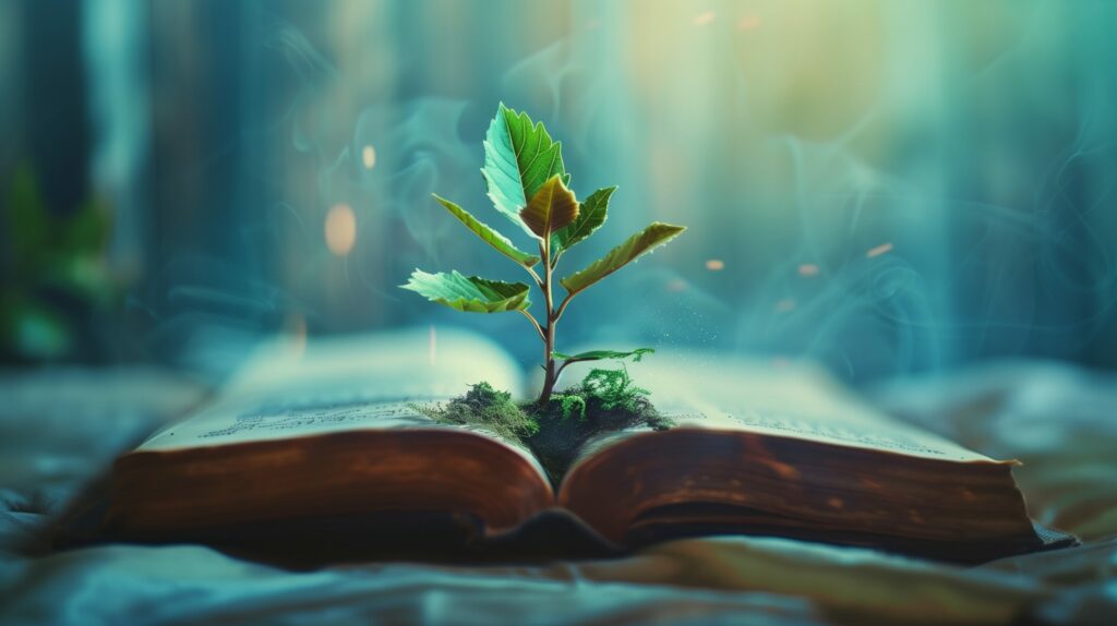 journaling prompts, young tree sprouting from an open book