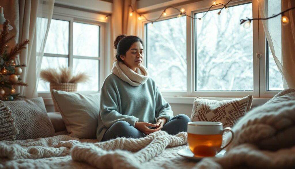 teacher meditating in a cozy winter home setting