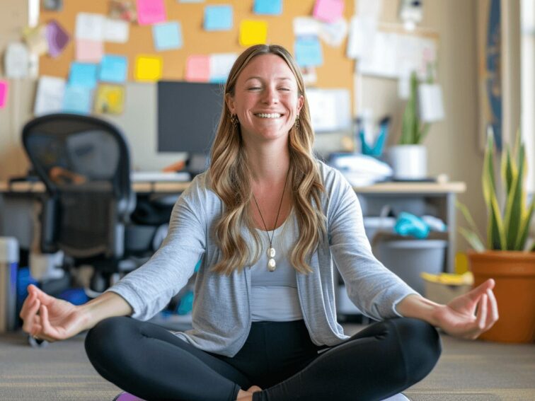 9 Unbelievably Simple Exercise Hacks for Teachers You Need to Know - Teacher wearing professional wardrobe doing a desk yoga